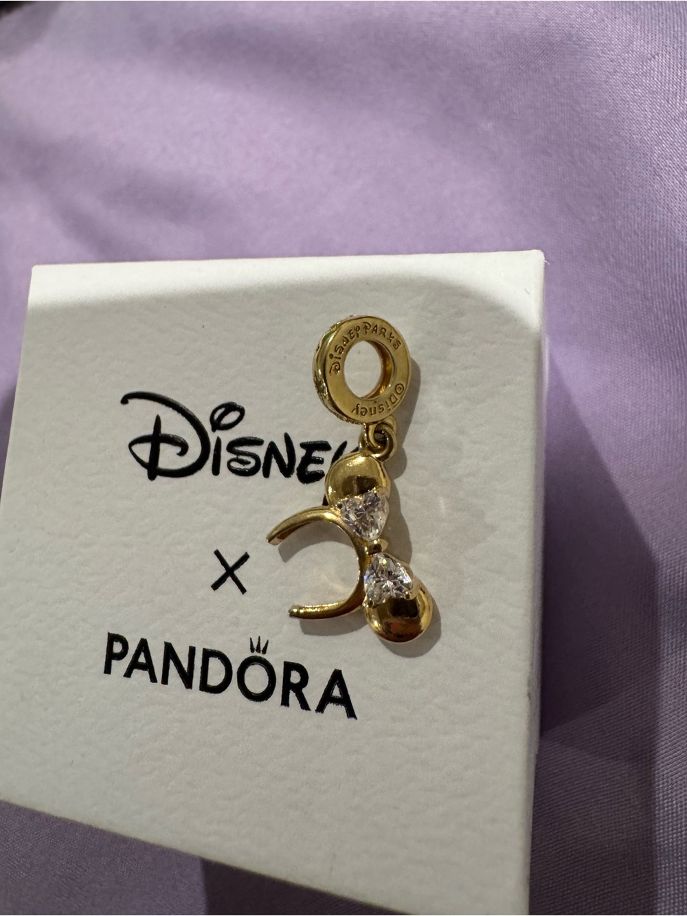 Disney Parks Exclusive Pandora Gold Bow Dangle Charm with Clear Crystals - Picture 2 of 3